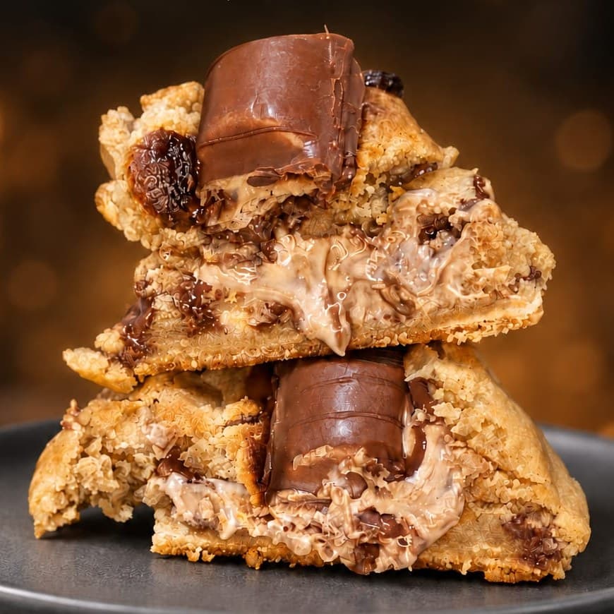 Cookie Kinder cortado ao meio com pedaços de Kinder Bueno e recheio cremoso